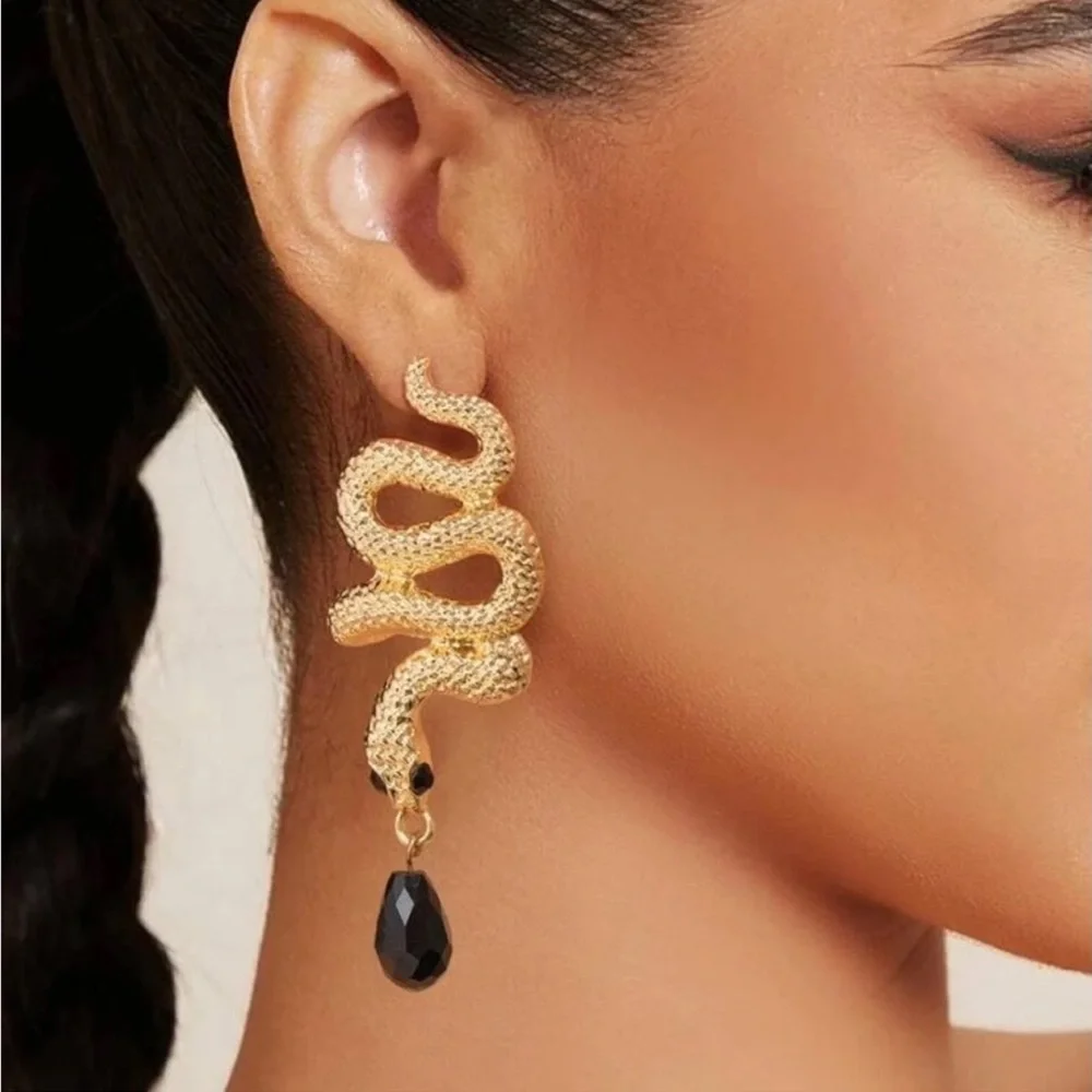 Goldtone Snake Charm Black Gemstone Dangle Earrings